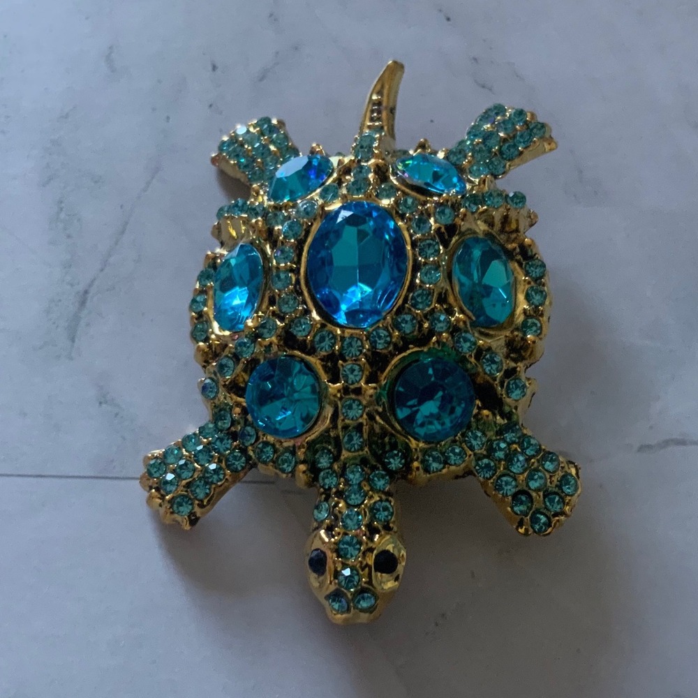 Vintage Style Blue Crystal Rhinestone Turtle Brooch Pin Gold Tone Tortoise 2" - Picture 4 of 5